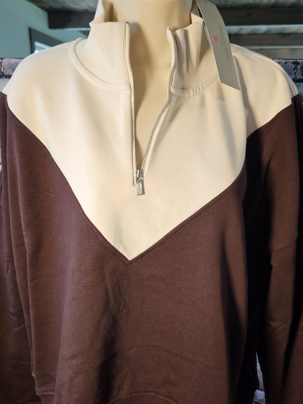 Sweaty Betty Organic Cotton Quarter Zip Pullover NWT L/XL Sable Brown Lily White